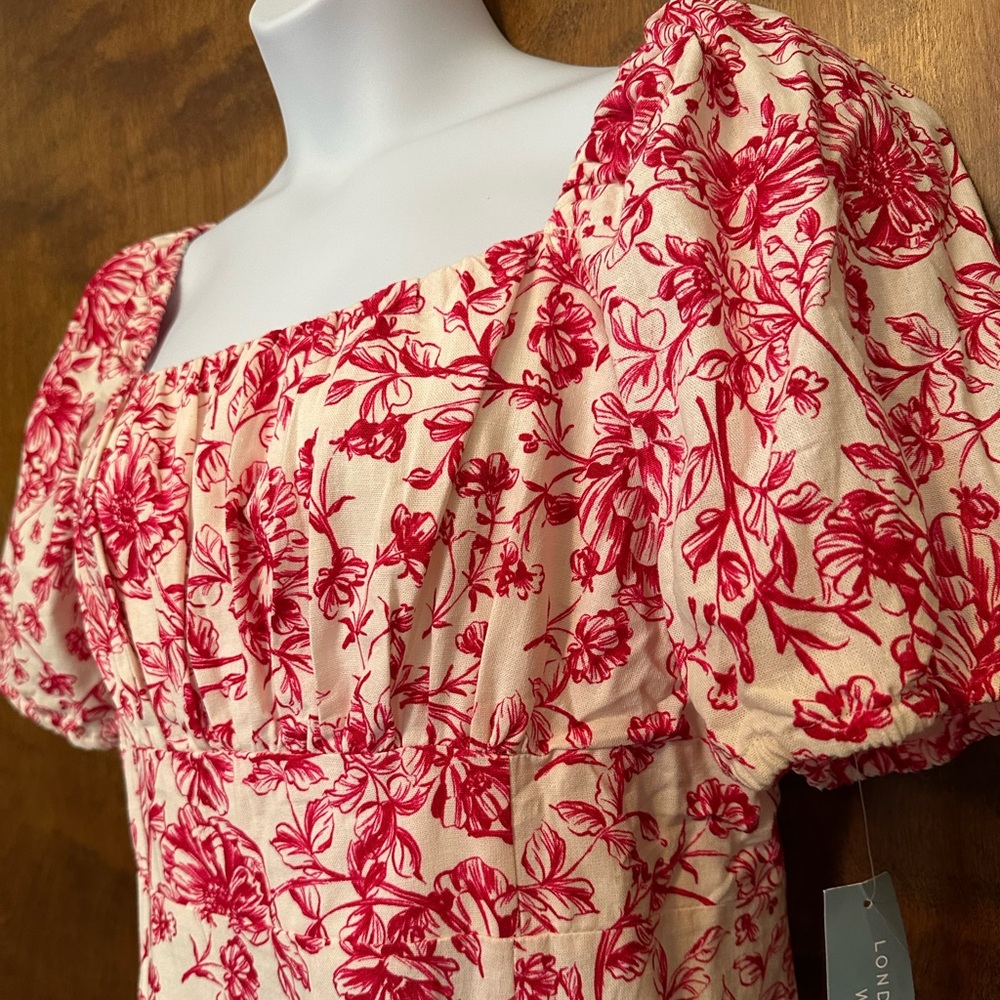 London Times Puff Sleeve Linen Midi Dress Womens Plus 18W Red Floral Wedding - Picture 4 of 16